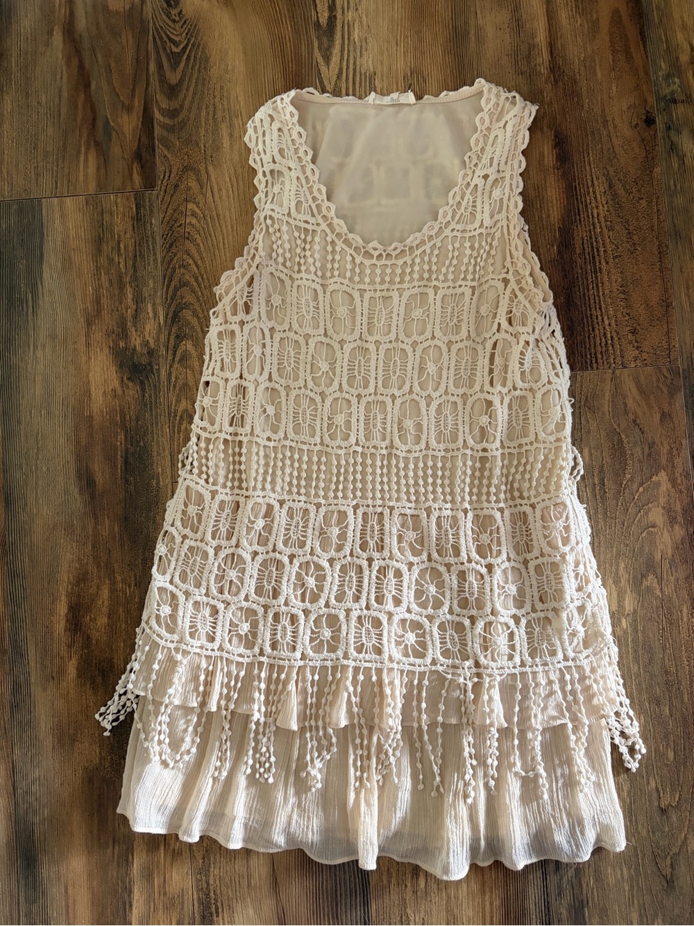 entro Cream Crochet Fringe Mini Dress